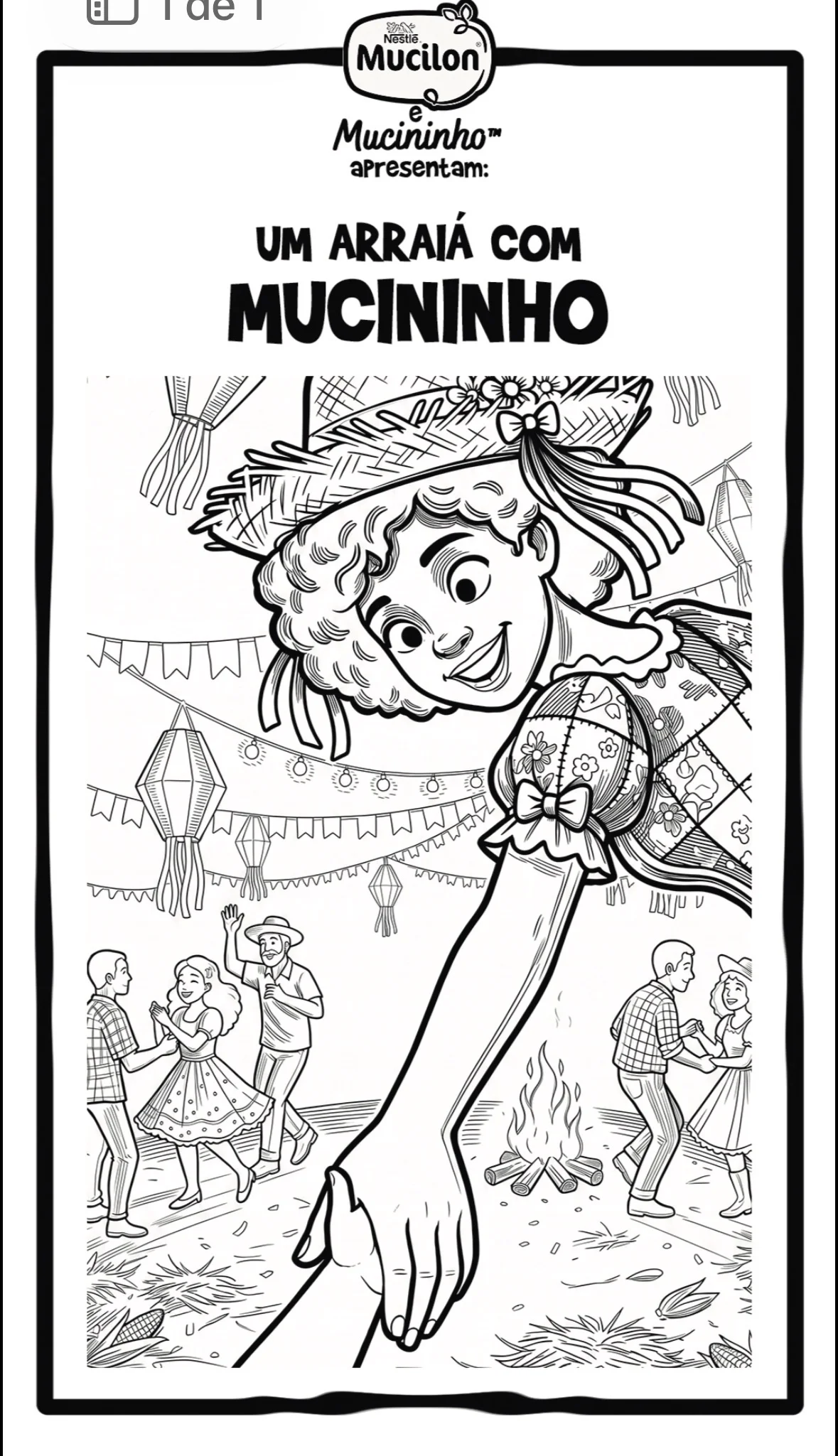 Página de livrinho infantil do Mucininho com ilustração de festa junina para colorir e personagens dançando ao redor da fogueira.