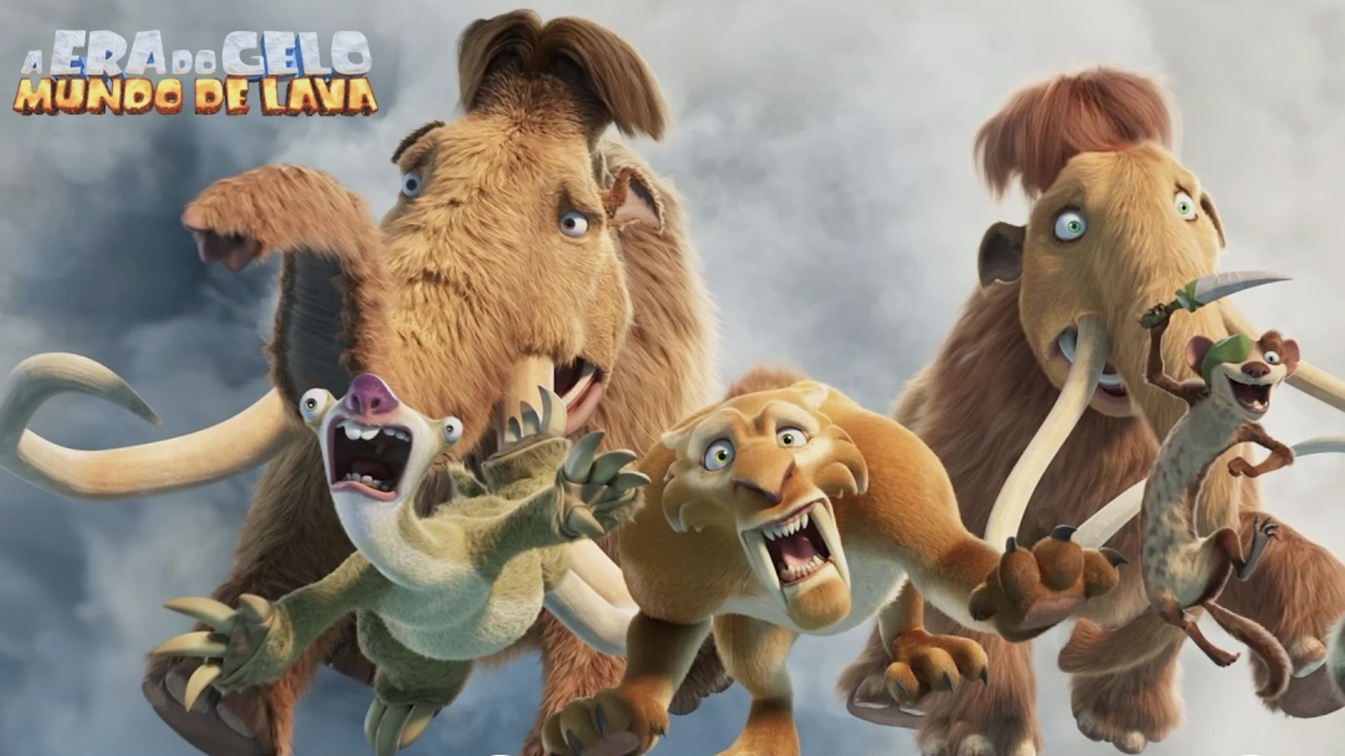 Manny, Diego, Sid e Scrat aparecem assustados em imagem promocional de A Era do Gelo: Mundo de Lava.