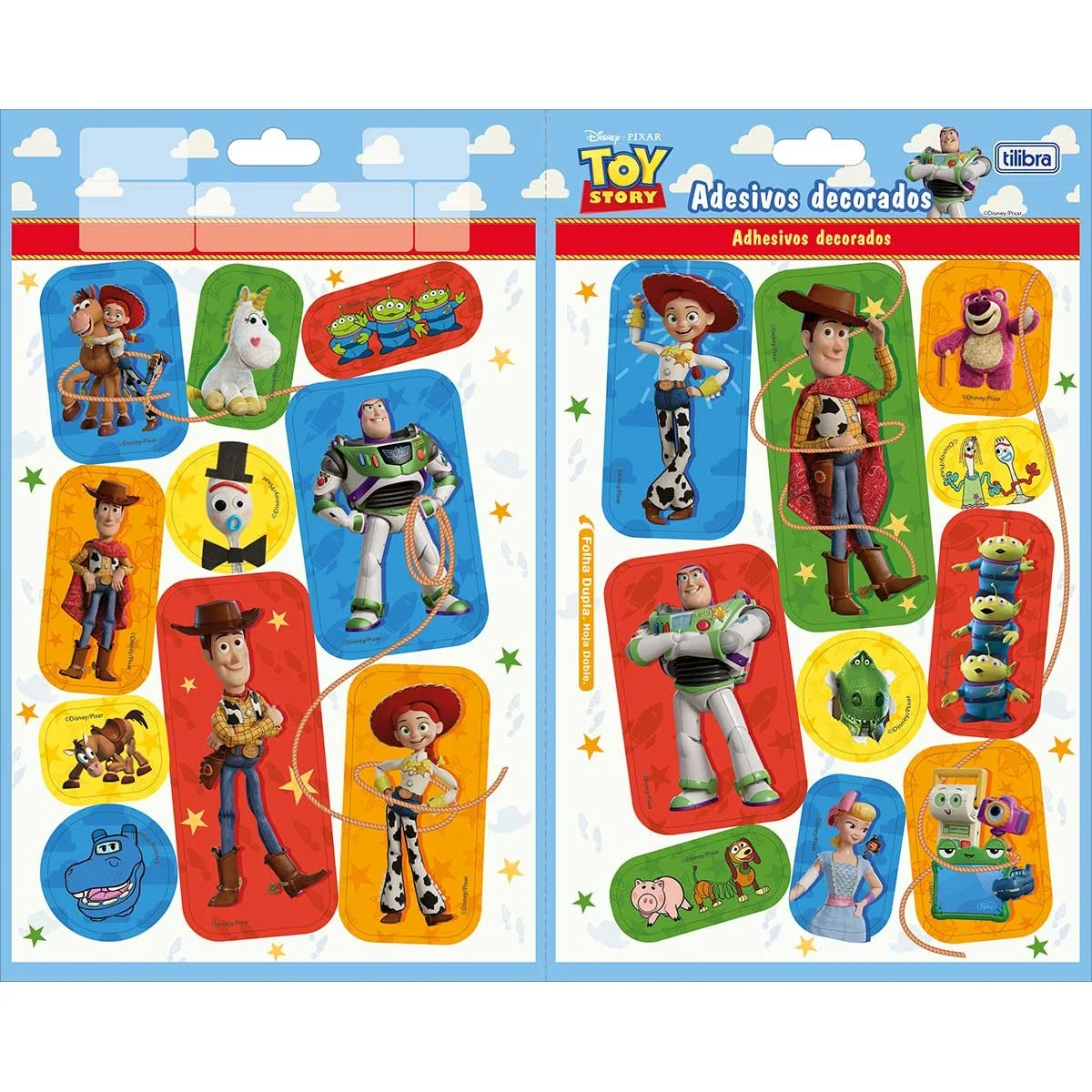 Cartela de adesivos da coleção Toy Story da Tilibra com Woody, Buzz Lightyear, Jessie, Lotso e personagens clássicos da Pixar.