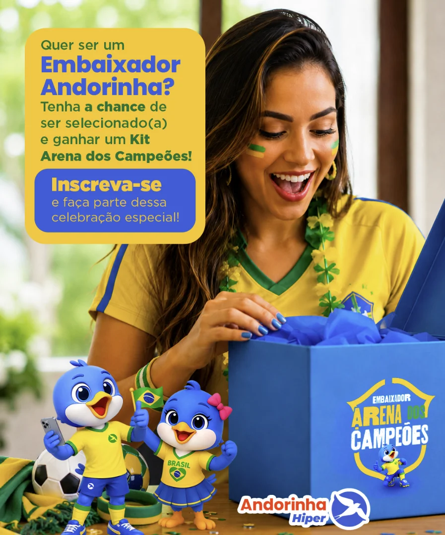 Imagem promocional para a seleção de embaixadores da Andorinha. Uma mulher sorridente com a camisa do Brasil abre uma caixa azul do "Kit Arena dos Campeões". Ao lado dela, dois mascotes de pássaros azuis em miniatura, também vestidos com as cores do Brasil, olham para a caixa. Um banner amarelo exibe o texto "Quer ser um Embaixador Andorinha?".