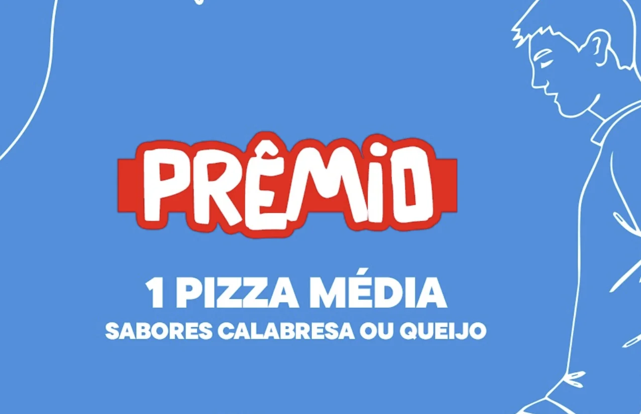 Banner azul da campanha “Emmmbaixadinha Premiada” da Domino’s destacando prêmio de uma pizza média nos sabores calabresa ou queijo.