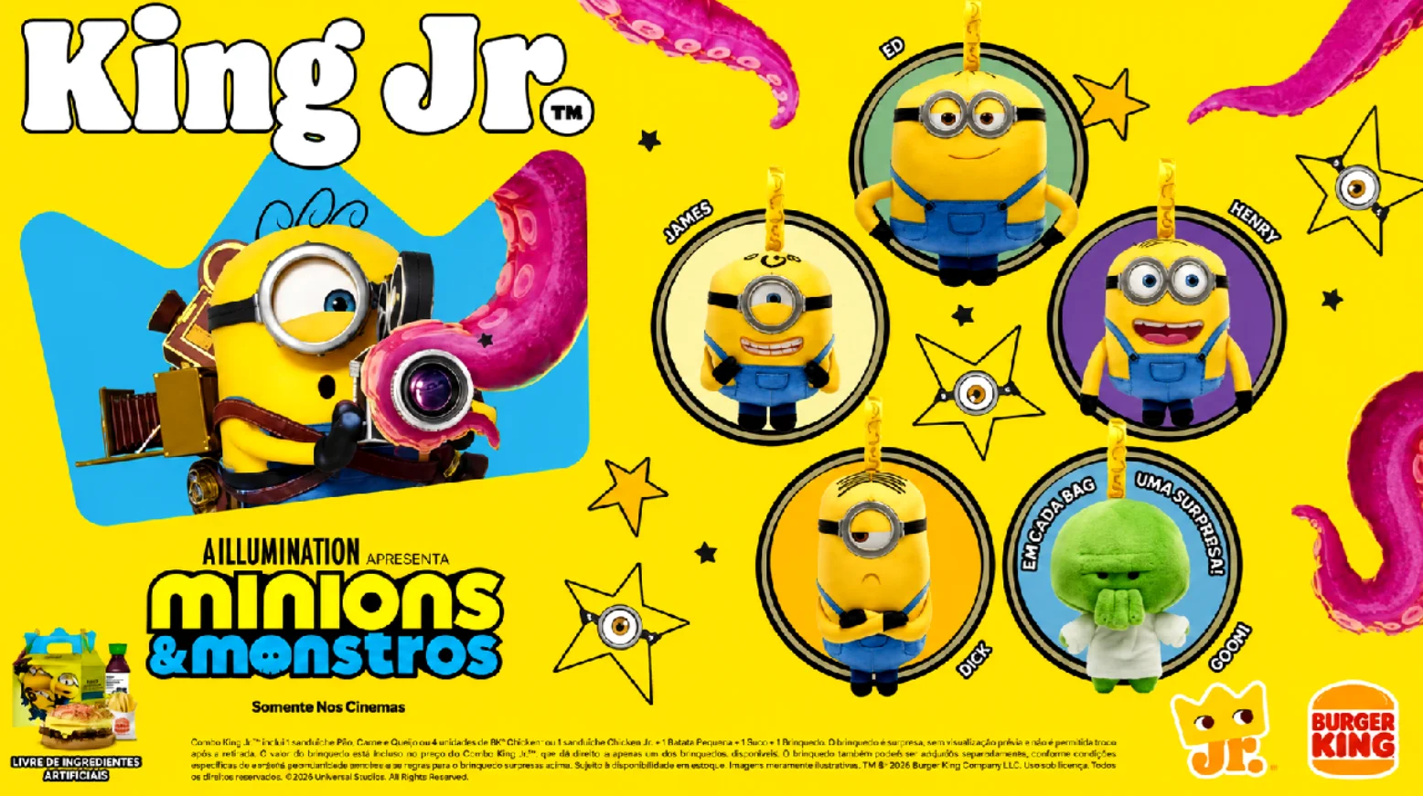 Banner amarelo do Burger King mostra coleção surpresa dos Minions com cinco brinquedos inspirados no filme Minions & Monstros.