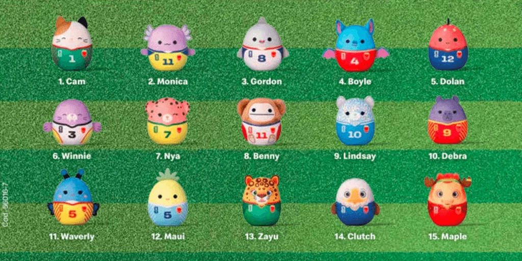 Catálogo com 15 miniaturas de pelúcias Squishmallows vestidas com camisas de futebol numeradas, organizadas em três fileiras sobre um fundo que simula um gramado verde.