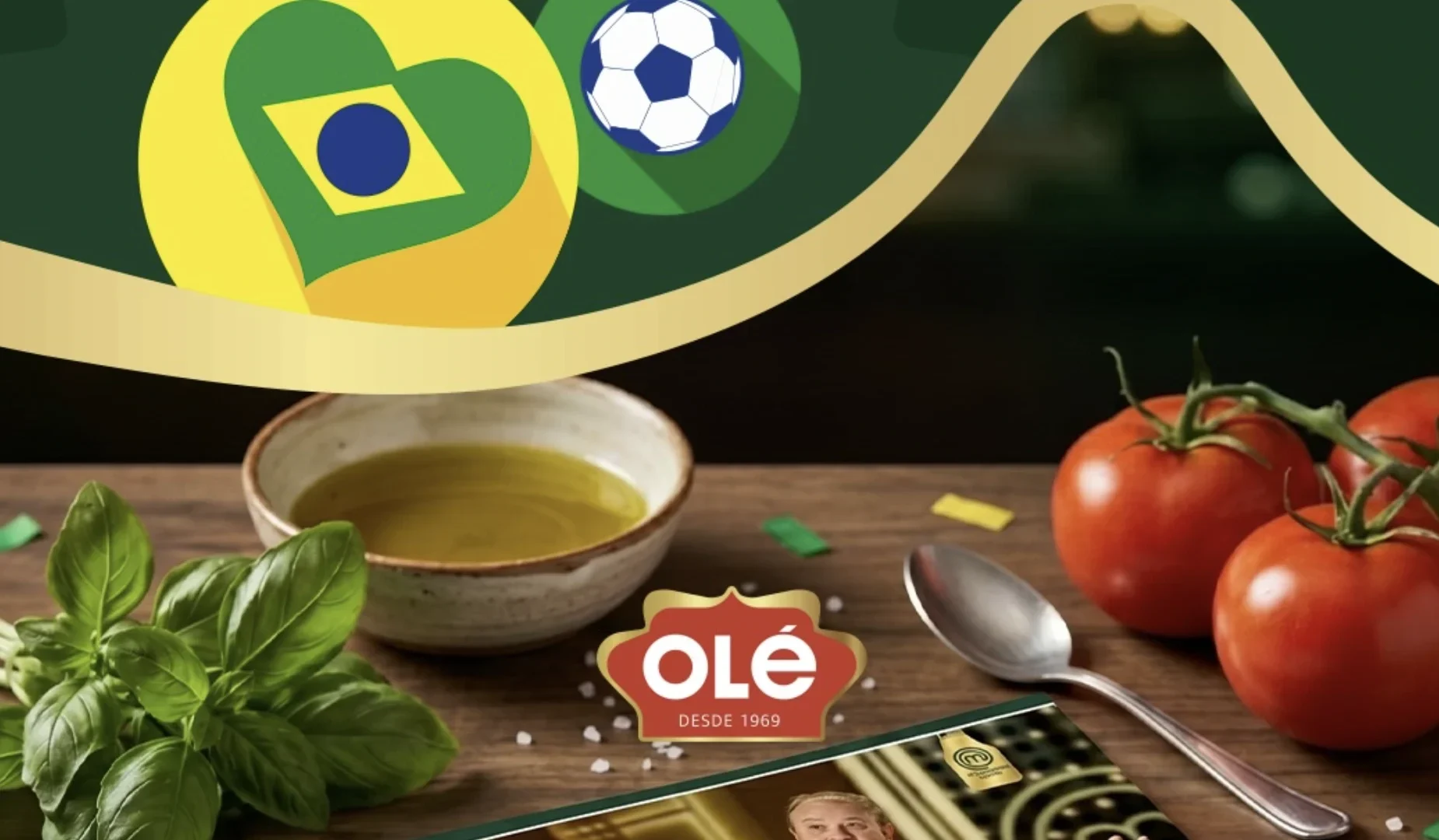 Mesa com ingredientes italianos, bandeira do Brasil estilizada e livro de receitas da Olé relacionado à Seleção Brasileira.