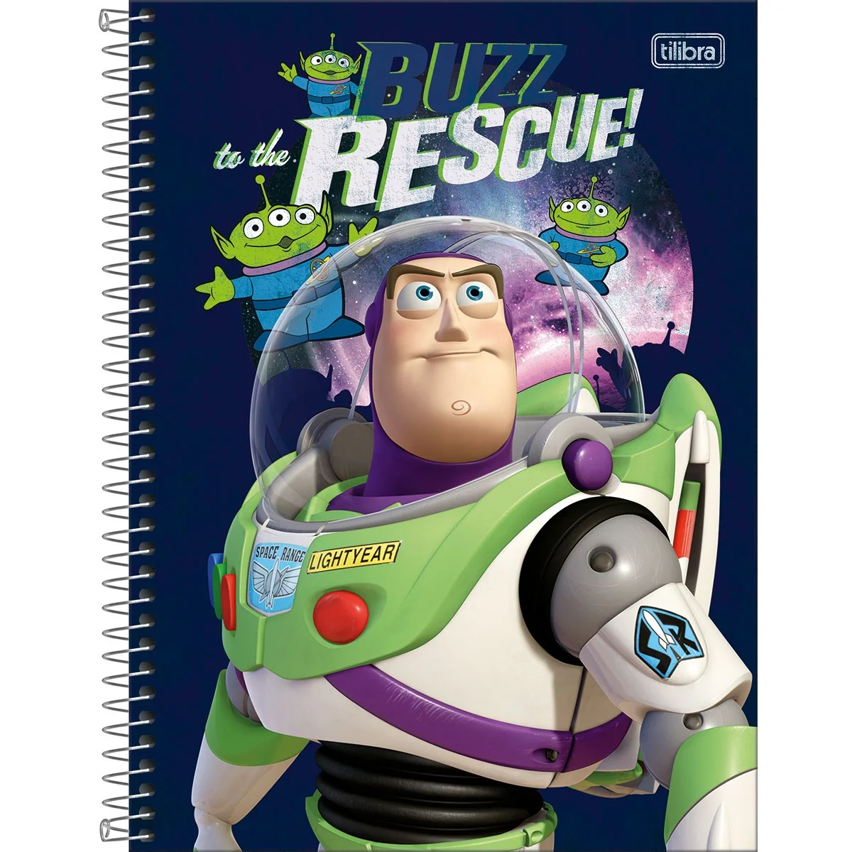 Caderno espiral da Tilibra com estampa do Buzz Lightyear e aliens verdes de Toy Story em fundo espacial.