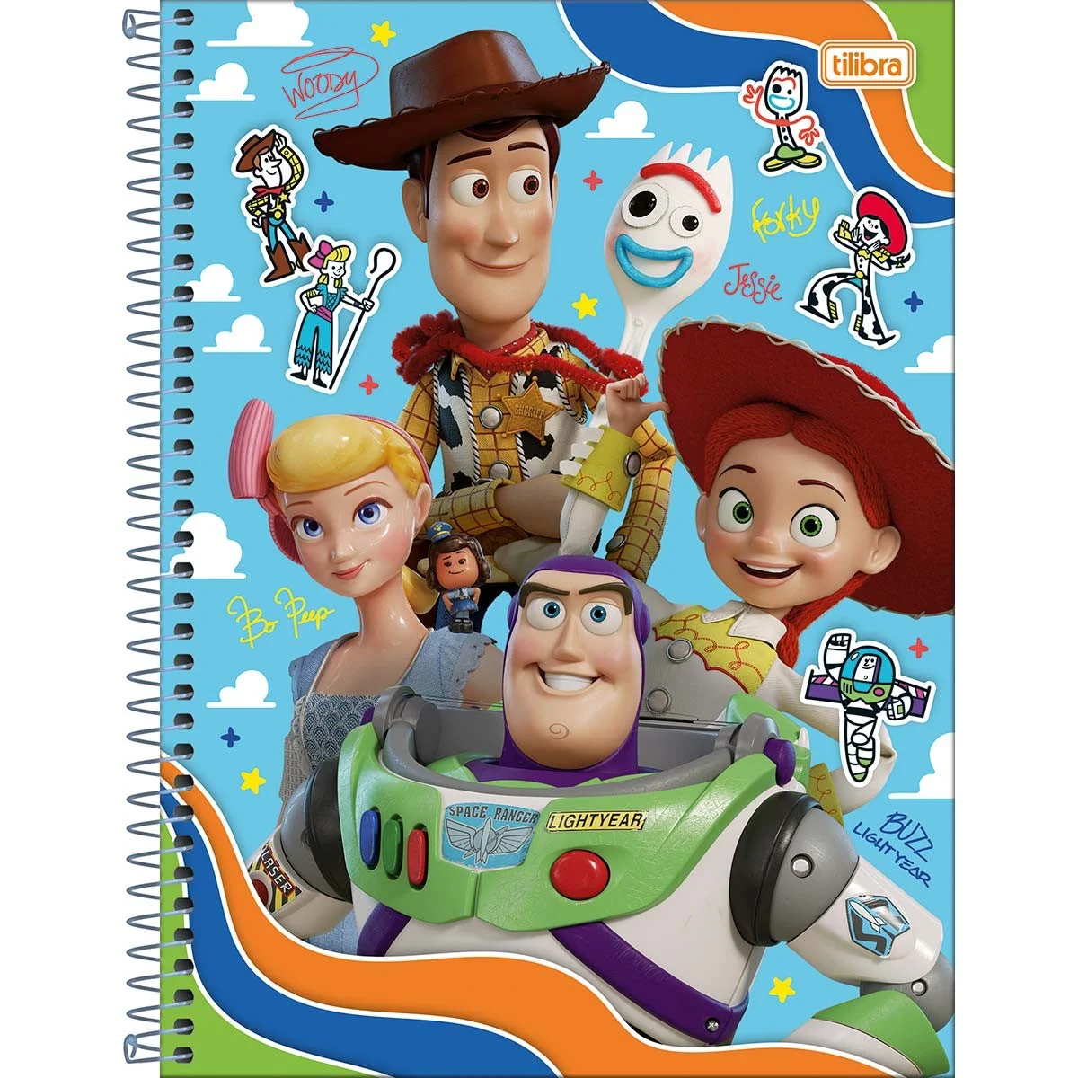 Caderno da Tilibra com Woody, Jessie, Buzz Lightyear, Betty e Garfinho estampados na capa azul.