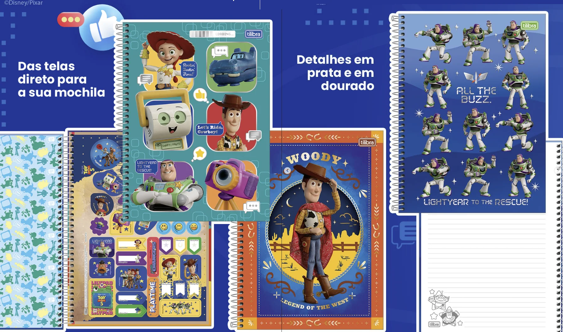 Conjunto de cadernos e acessórios escolares da coleção Toy Story da Tilibra com Woody, Buzz e personagens do novo filme.