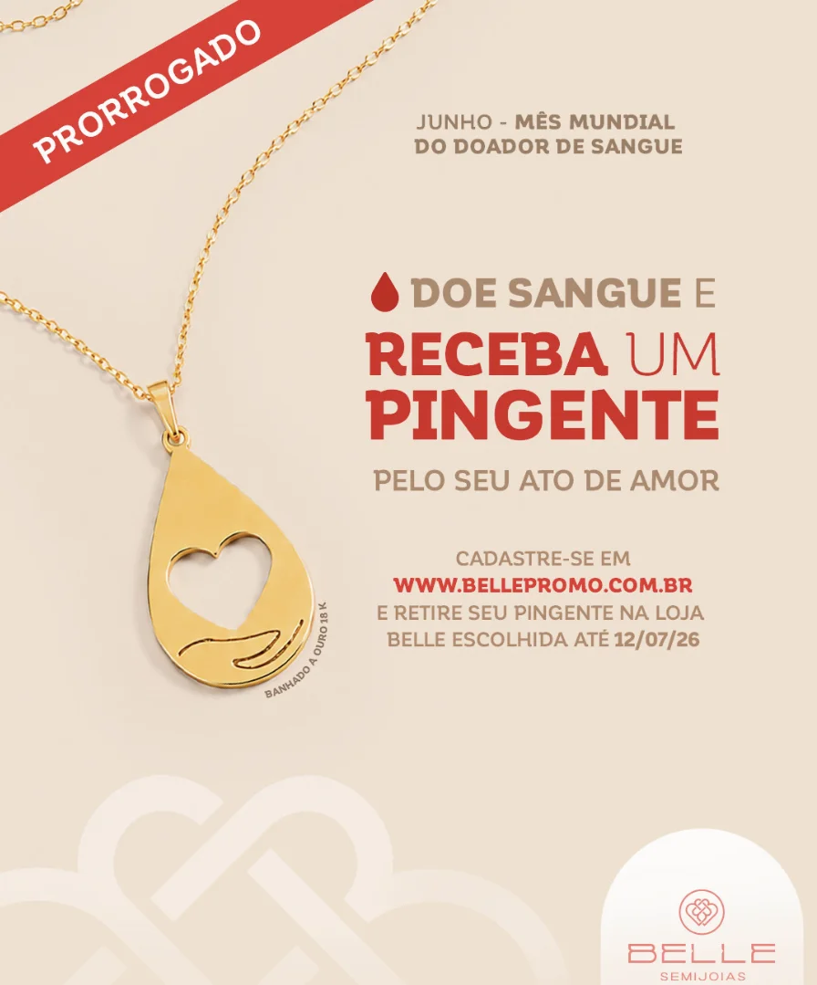 Arte da campanha da Belle Semijoias mostra pingente dourado, aviso de prorrogação e informações sobre cadastro para retirada do brinde.