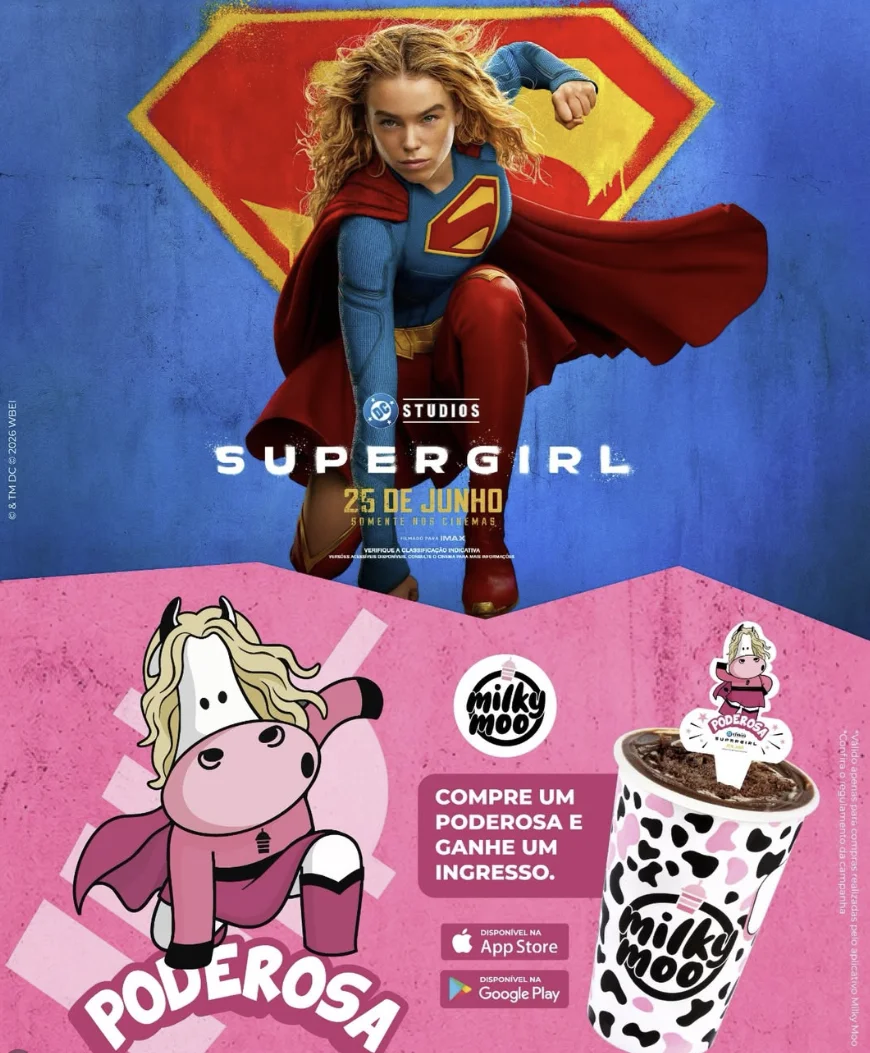 Arte promocional da Milky Moo com Supergirl e milkshake Poderosa oferecendo ingresso para o cinema.