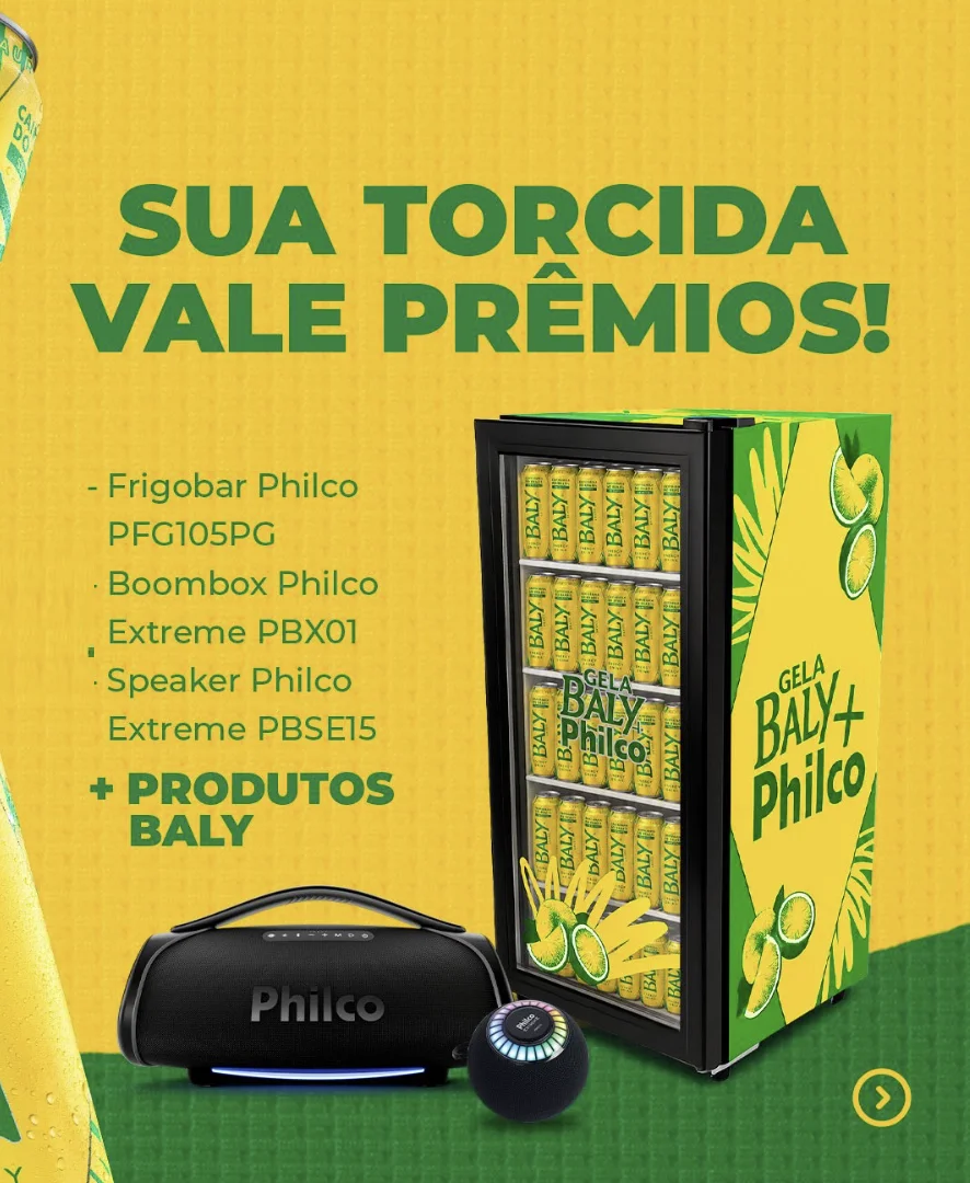 Campanha Gela Baly + Philco mostra frigobar personalizado, boombox, speaker e produtos Baly como prêmios para torcedores.