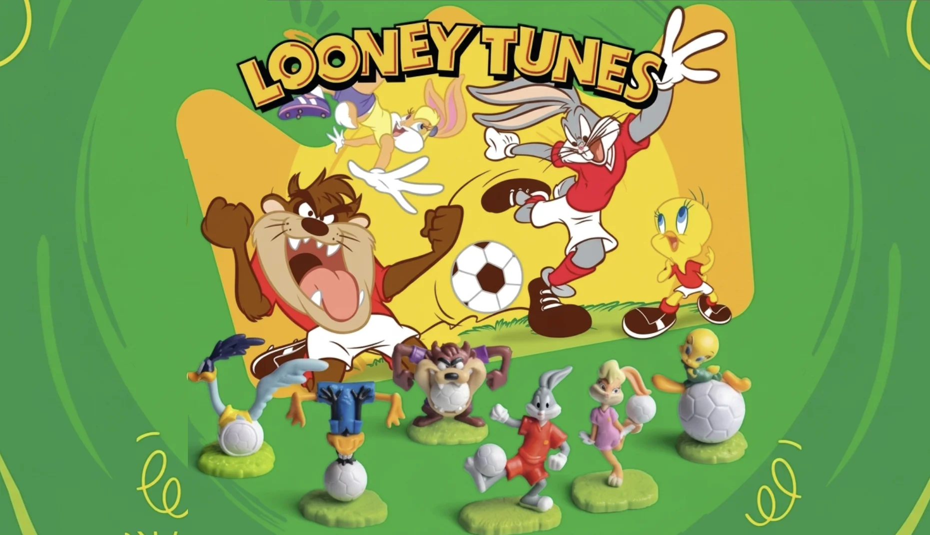 Banner promocional dos Looney Tunes com miniaturas colecionáveis e personagens jogando futebol em fundo verde.
