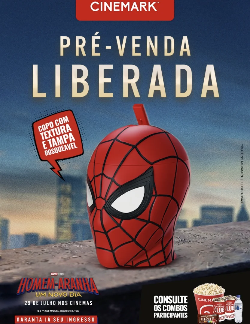 Copo colecionável do Homem-Aranha divulgado pela Cinemark durante a pré-venda do filme “Homem-Aranha: Um Novo Dia”.