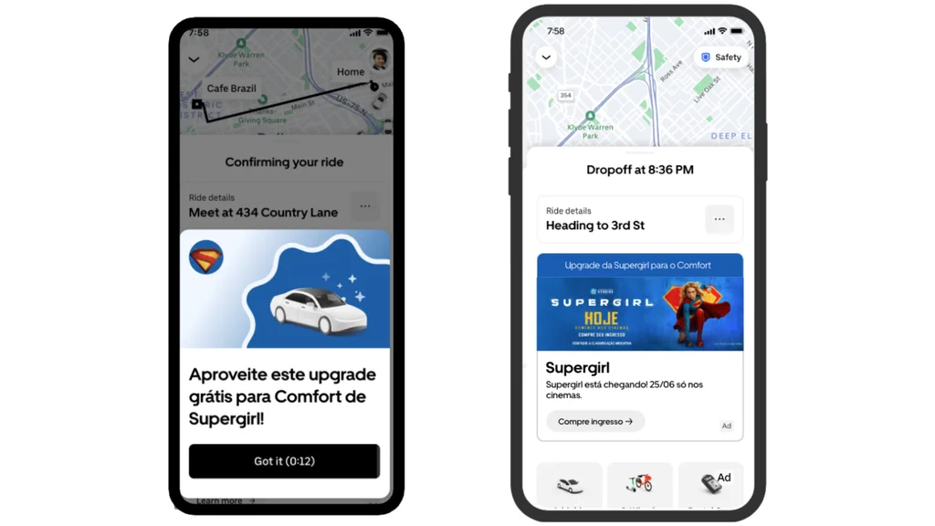 Telas do aplicativo da Uber exibem campanha promocional de Supergirl com upgrade grátis para corridas Comfort.
