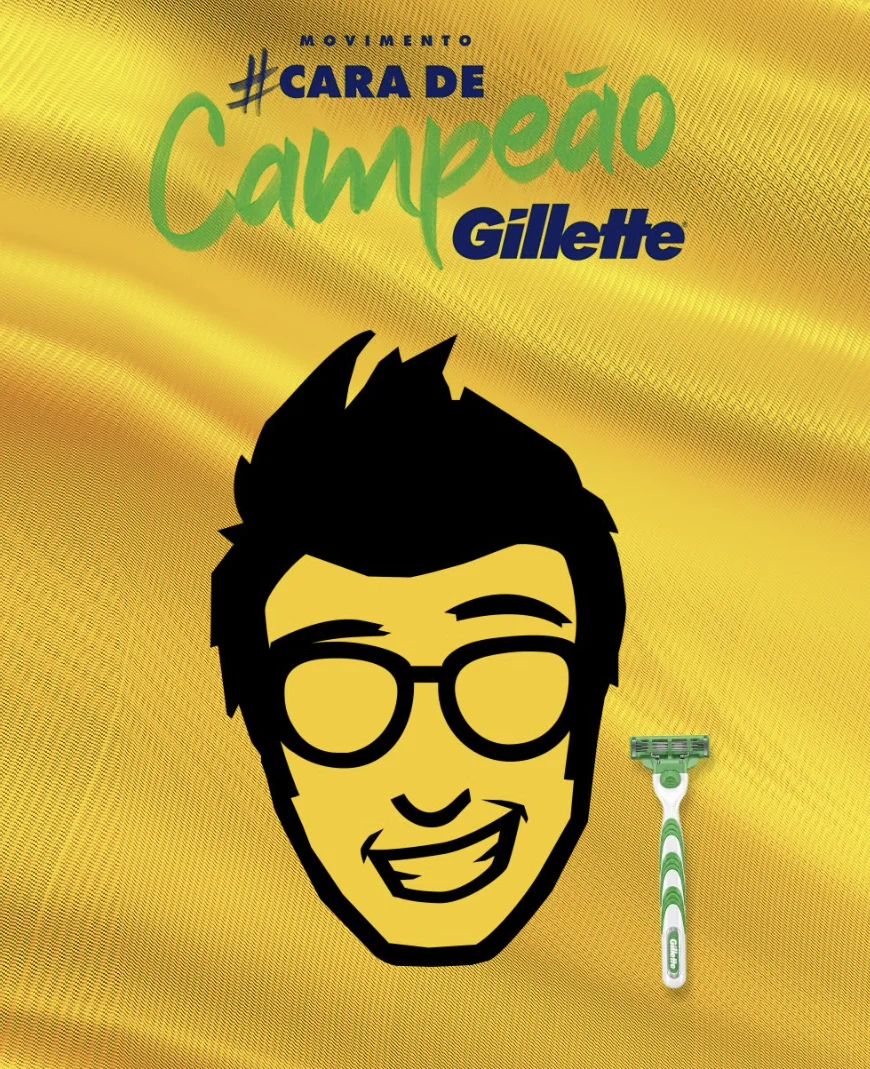 Arte da campanha #CaraDeCampeão da Gillette mostra avatar do Zé Delivery sem barba em fundo amarelo inspirado na Seleção Brasileira.