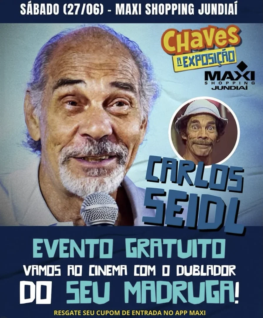 Banner do evento gratuito de Chaves no Maxi Shopping Jundiaí com participação de Carlos Seidl, voz brasileira do Seu Madruga, ao lado de imagem clássica do personagem.