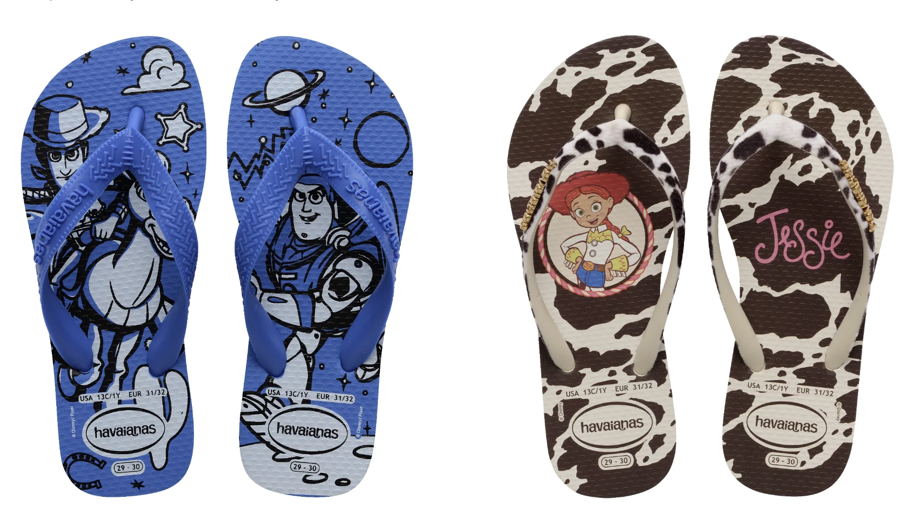 Chinelos Havaianas de Toy Story 5 com estampas de Woody, Buzz Lightyear e Jessie em fundo branco.