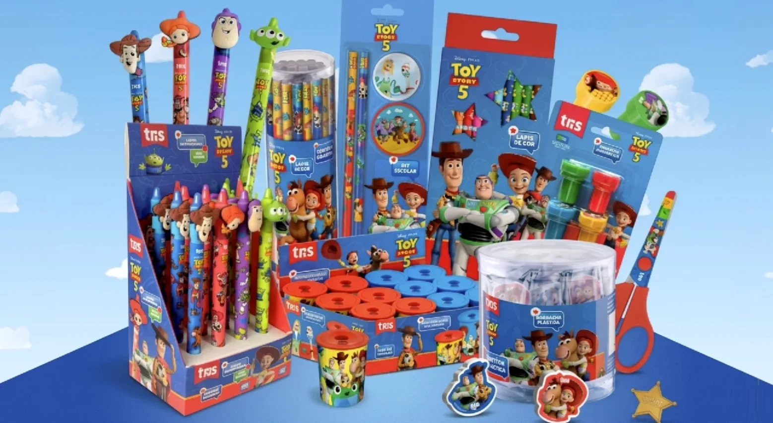 Coleção completa de materiais escolares Toy Story 5 da Tris com lápis, borrachas, canetas e acessórios.