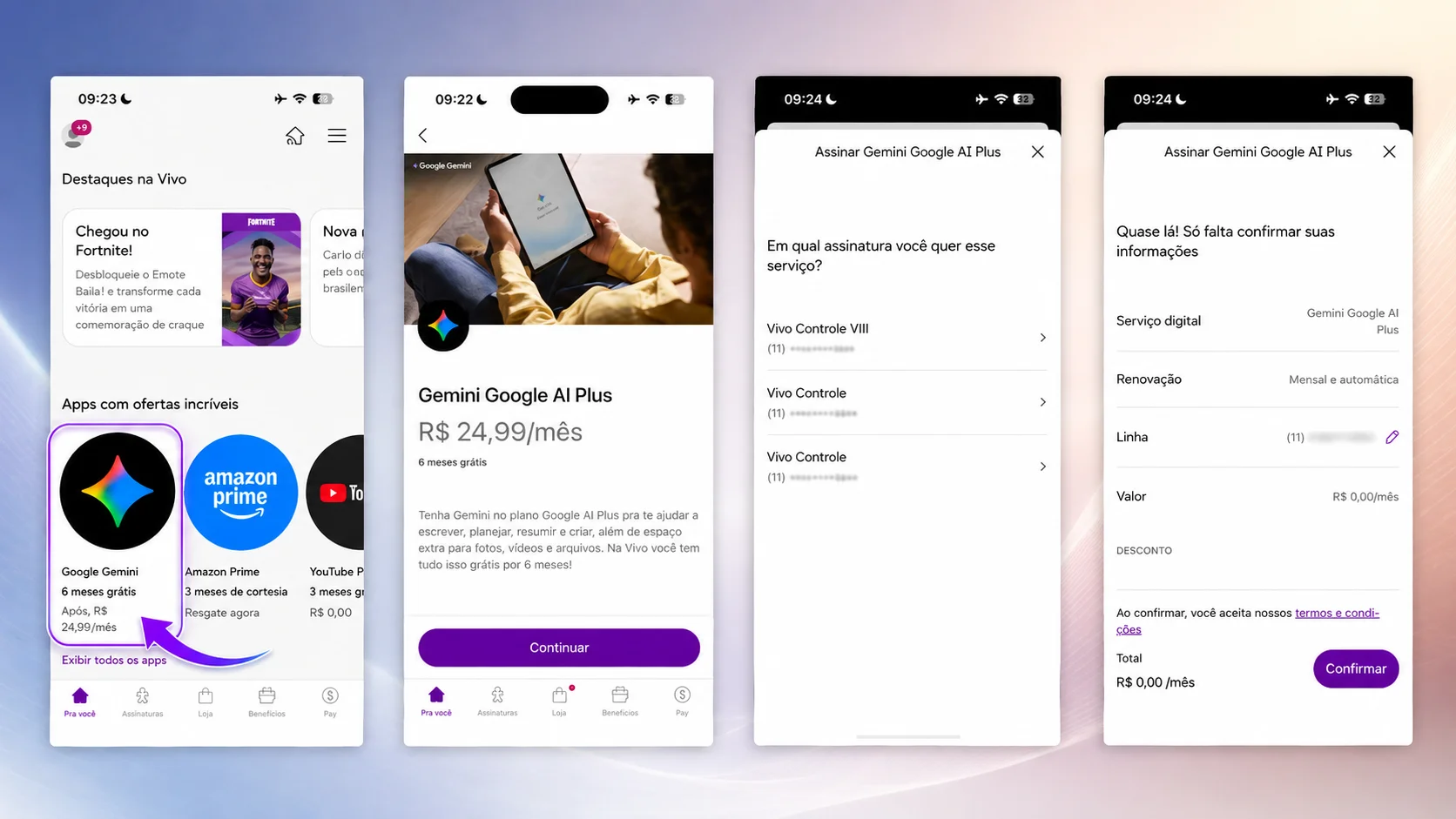 Passo a passo no app Vivo mostra como ativar o Gemini Google AI Plus gratuito pelo celular.