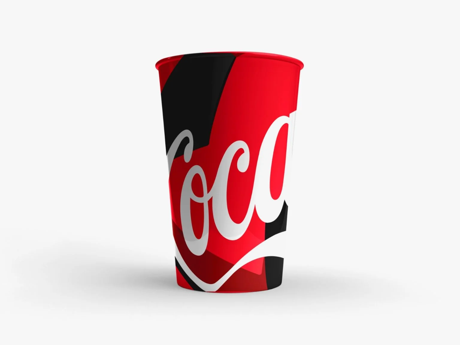 Copo vermelho da Coca-Cola com logo branca em destaque e design moderno inspirado em jogos.