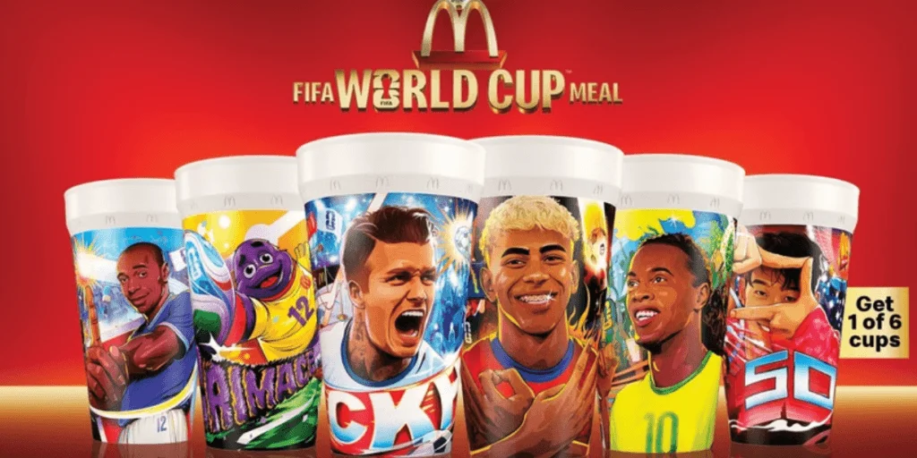 Banner promocional da campanha FIFA World Cup Meal do McDonald's, mostrando uma fileira com seis copos colecionáveis ilustrados com jogadores de futebol famosos e o personagem Grimace, sobre um fundo vermelho.