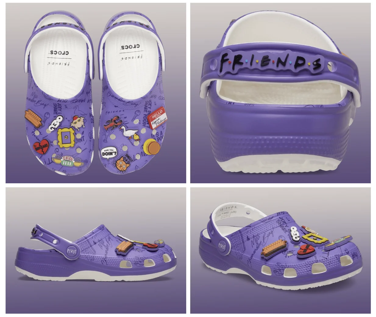 Crocs Friends roxo com Jibbitz da série e detalhes vistos de vários ângulos.
