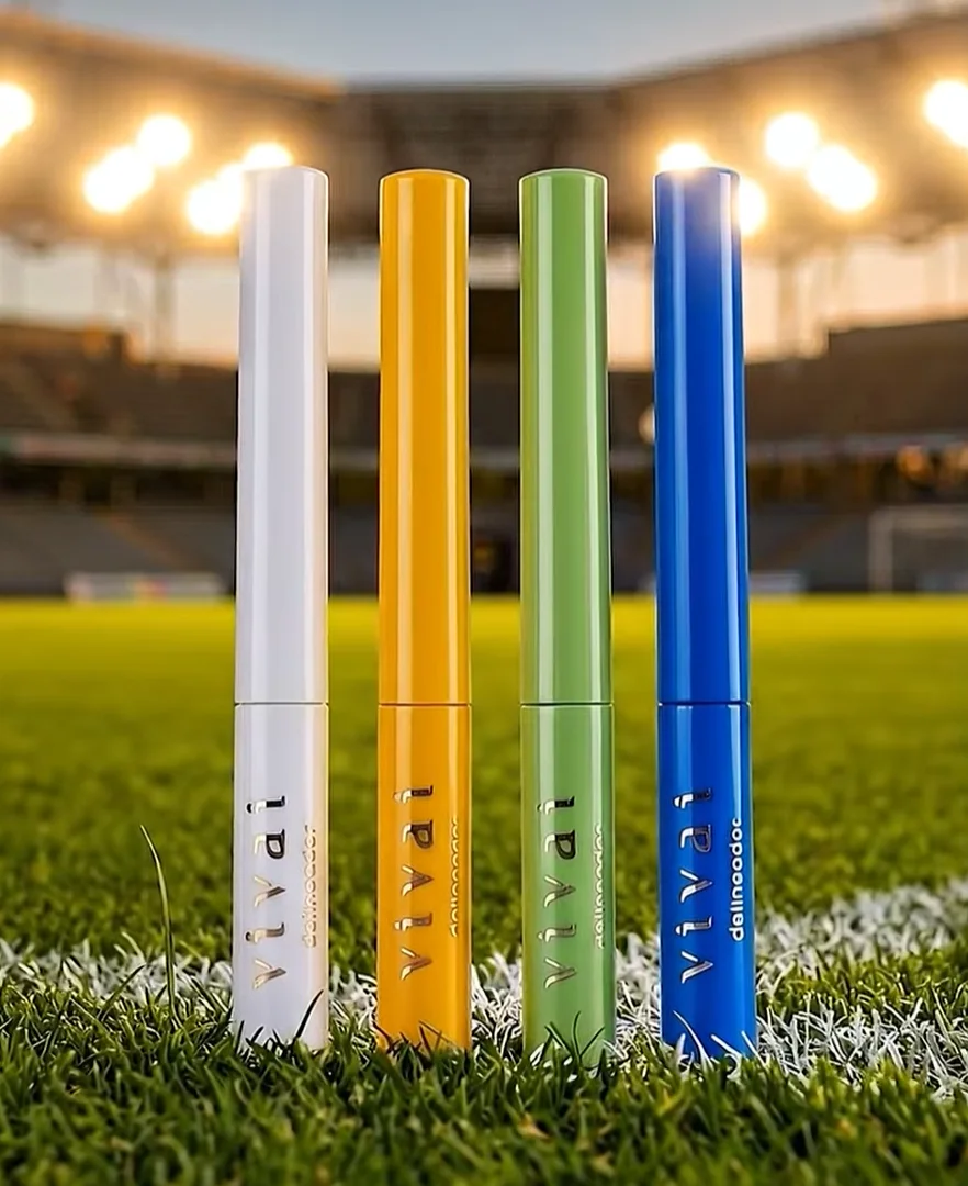Linha de delineadores coloridos da Vivai inspirada nas cores do Brasil em campo de futebol iluminado.