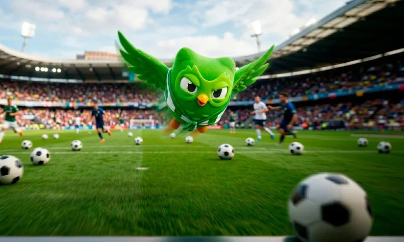 Mascote do Duolingo voando sobre campo de futebol durante partida em estádio lotado.