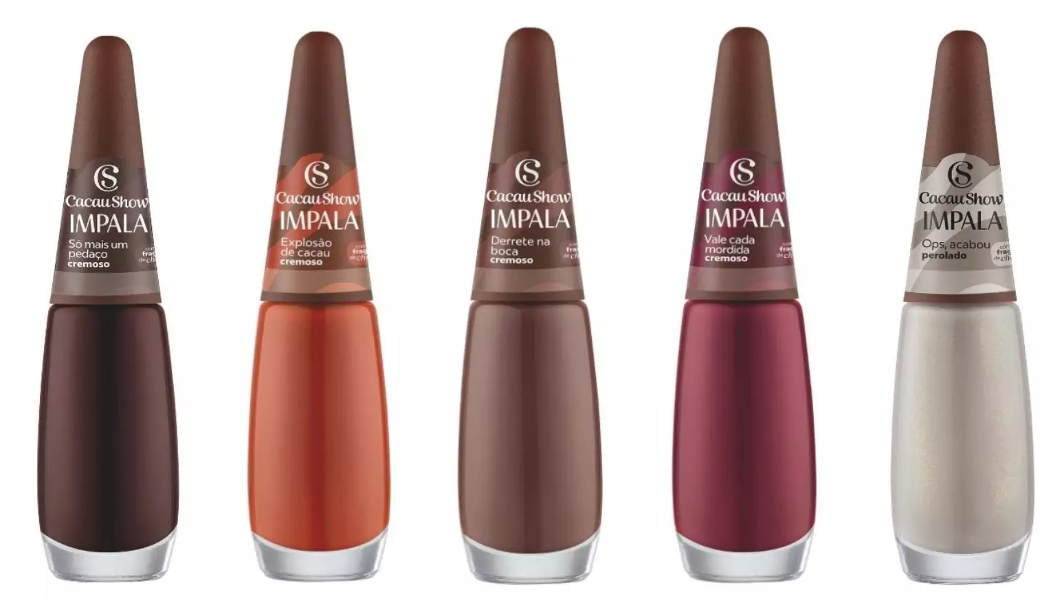 Coleção de esmaltes Impala e Cacau Show com cores inspiradas em chocolate, incluindo tons marrom, vermelho, coral e nude perolado.