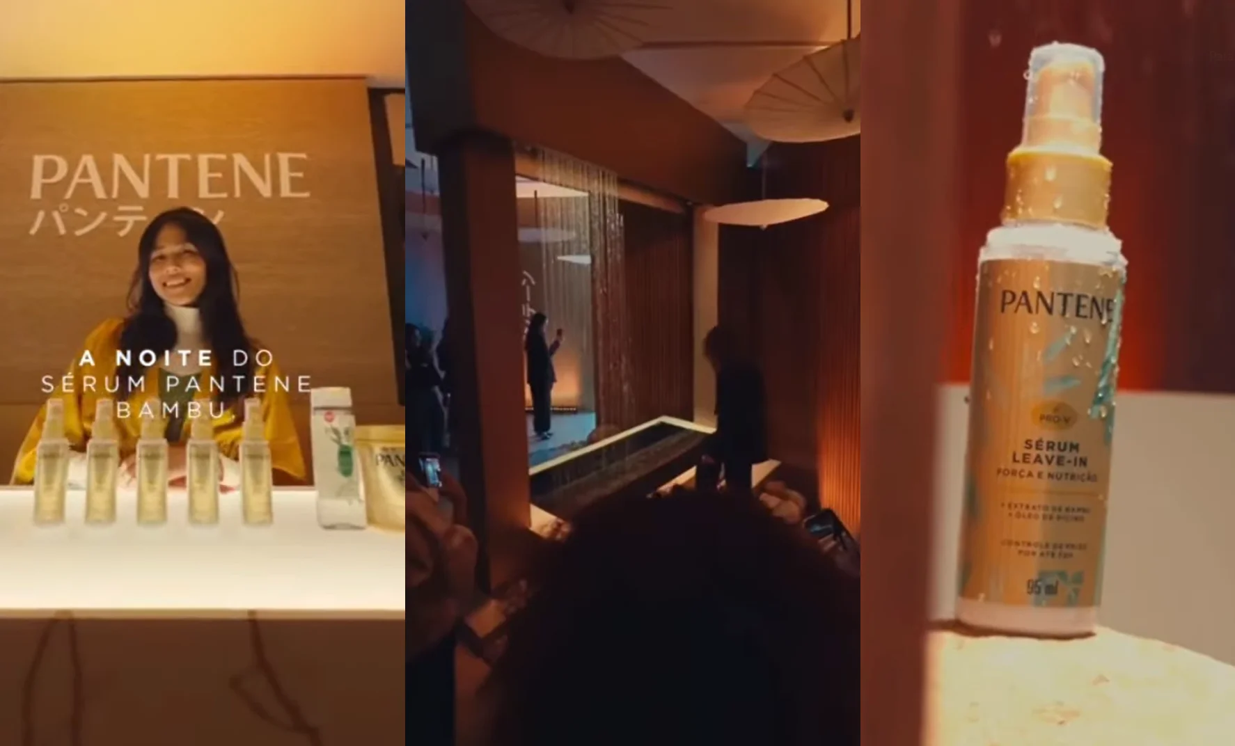 Uma colagem de três imagens verticais de uma experiência imersiva e eventos da Pantene