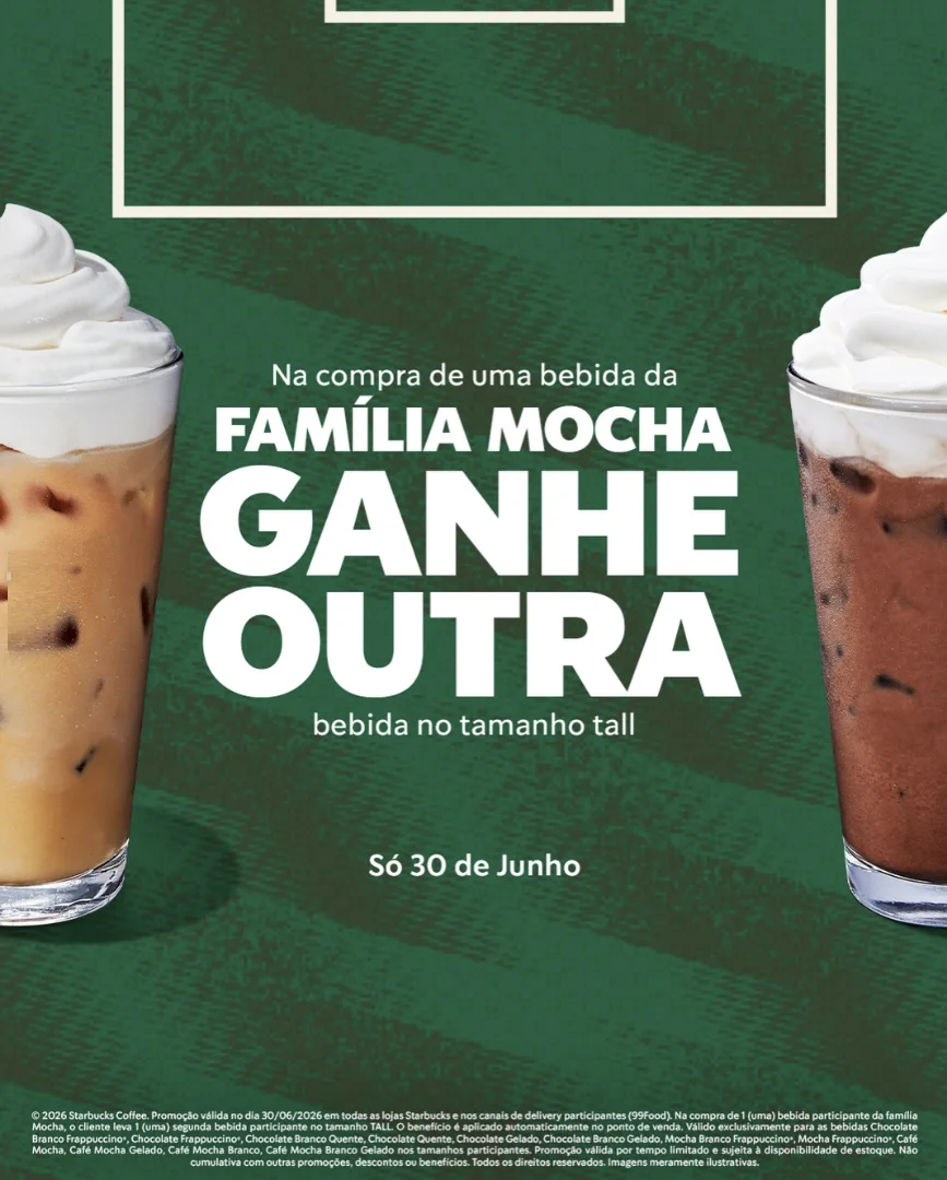 Arte da Starbucks anuncia promoção da família Mocha com bebida grátis no tamanho Tall.