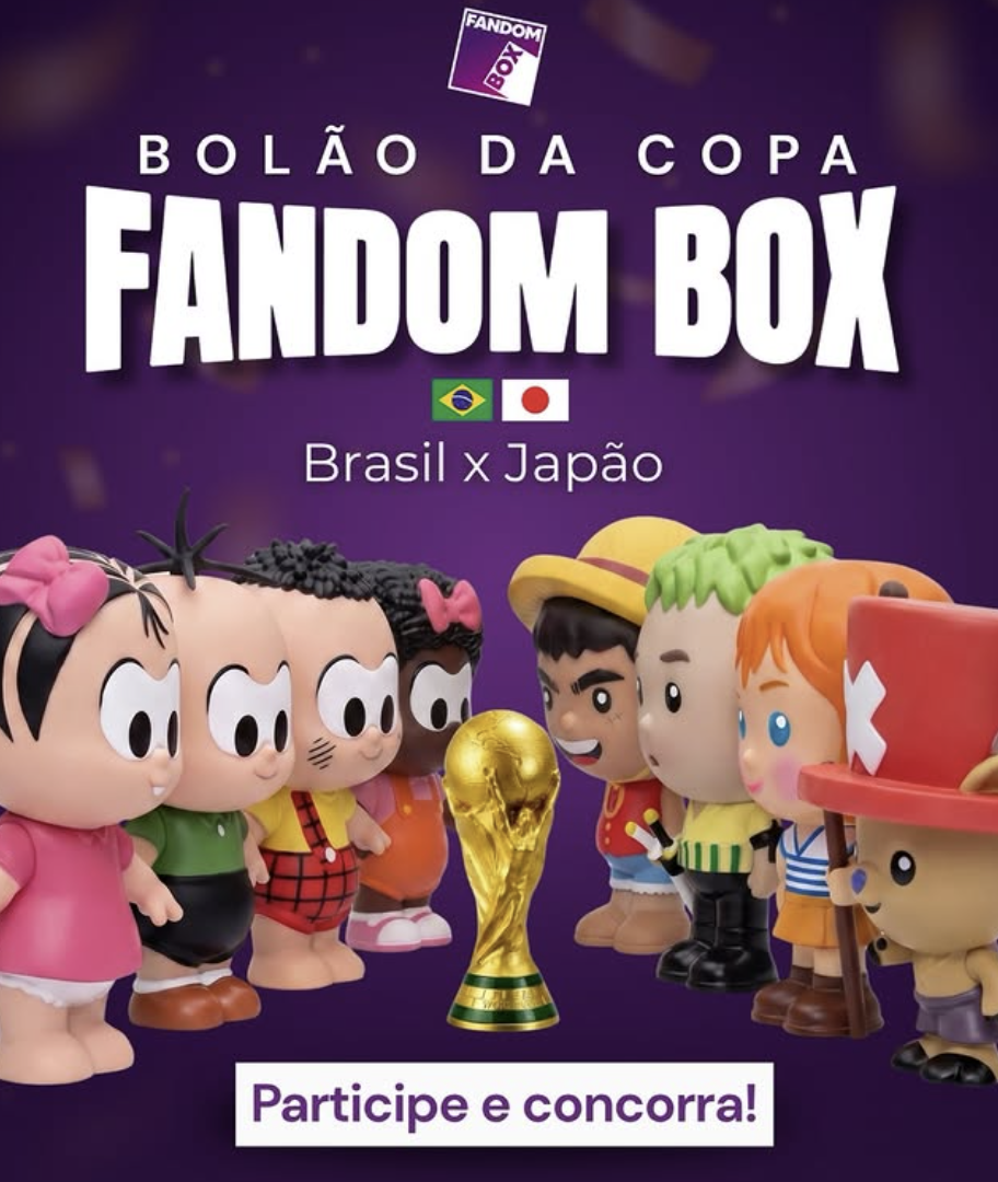 Banner do Bolão da Copa Fandom Box mostra personagens da Turma da Mônica e One Piece ao redor da taça da Copa em disputa entre Brasil e Japão.