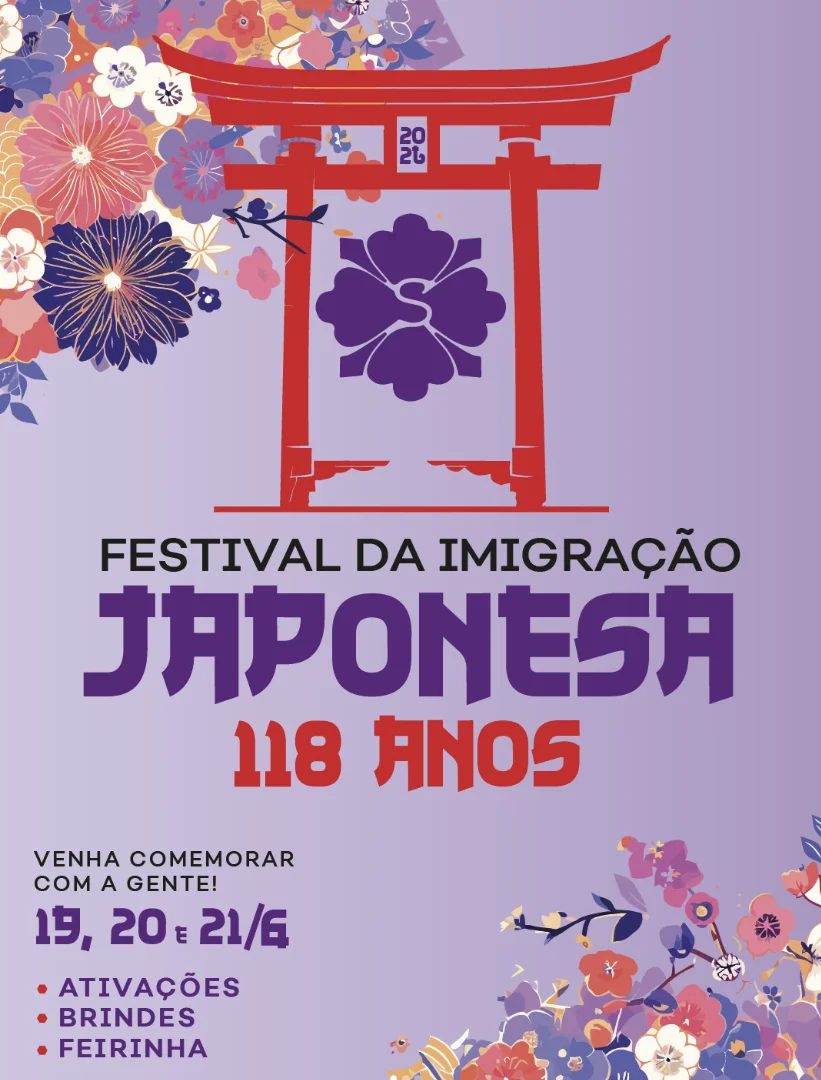 Banner do Festival da Imigração Japonesa da Soneda com portal japonês vermelho, flores e informações sobre brindes e ativações.
