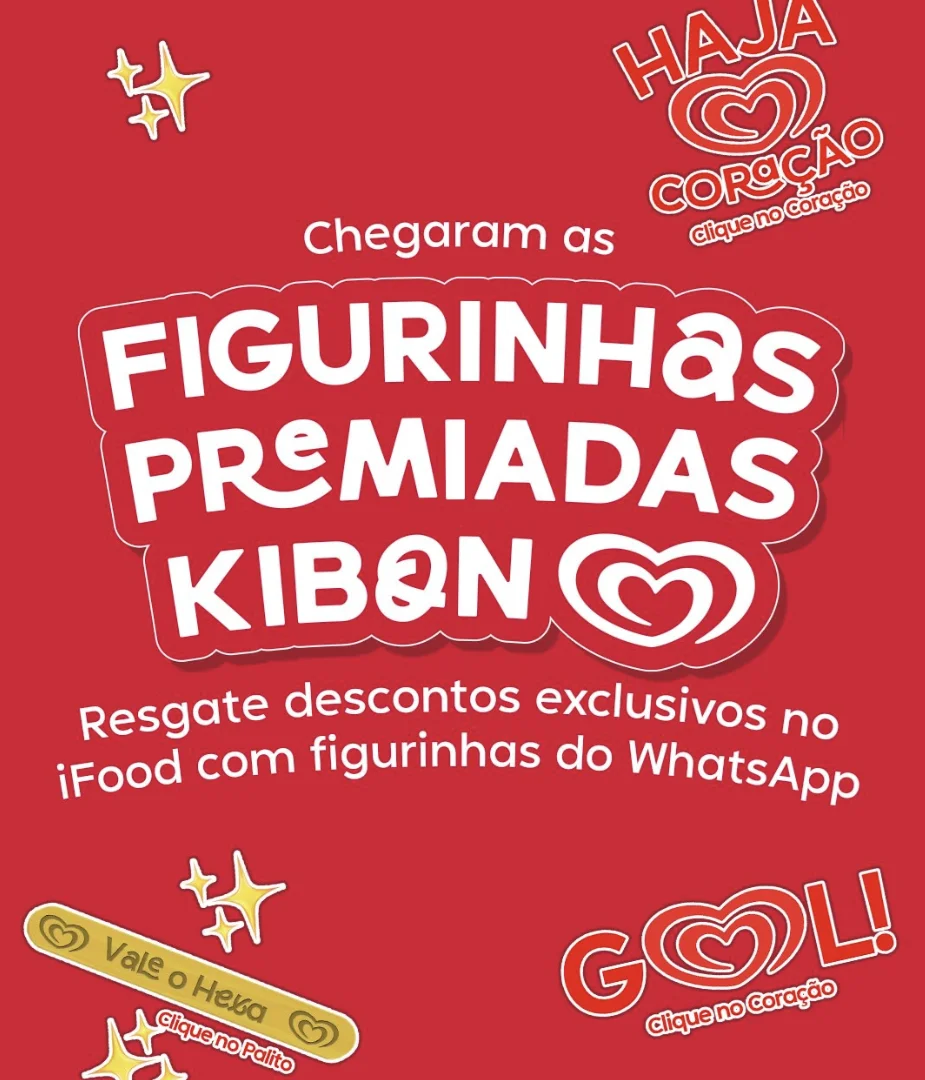Arte promocional da Kibon anunciando figurinhas premiadas no WhatsApp com descontos exclusivos no iFood durante jogos do Brasil.
