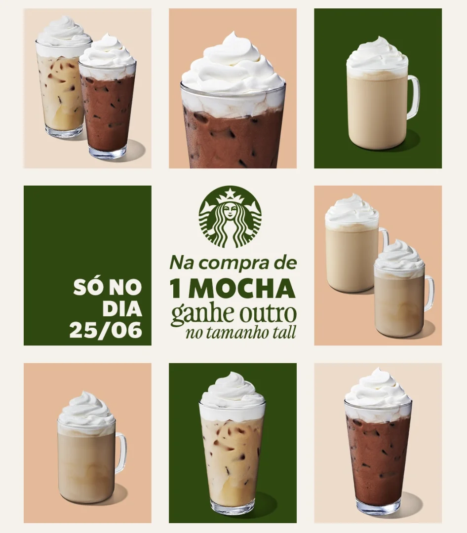 Arte da Starbucks com bebidas Mocha e Chocolate e aviso de promoção no dia 25/06.