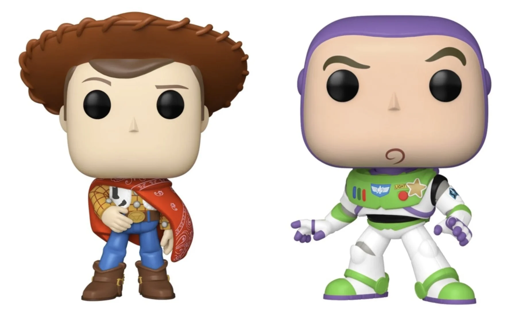 Funko Pop de Woody e Buzz Lightyear de Toy Story 5 em fundo branco com visual inspirado no novo filme da Pixar.