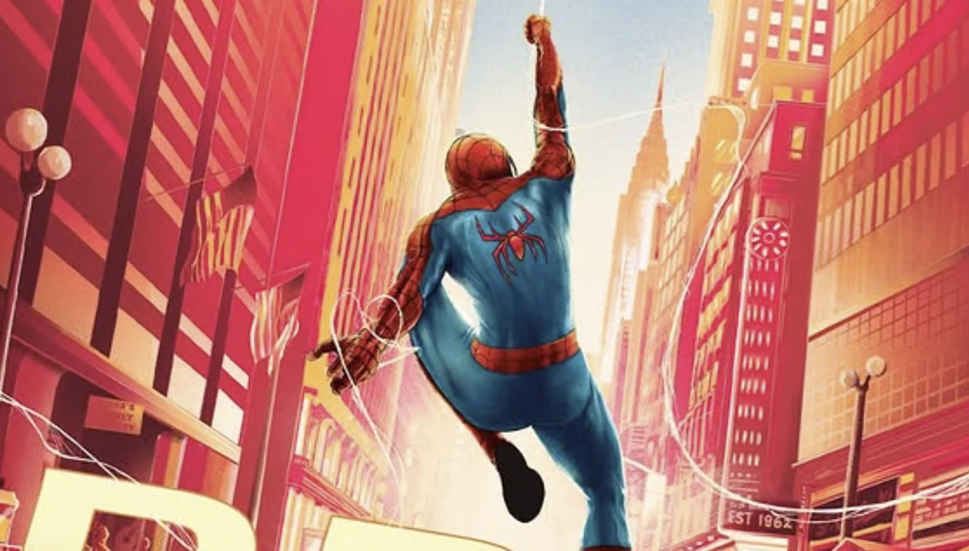 Homem-Aranha balançando pelas ruas da cidade entre prédios altos em cena inspirada nos quadrinhos.