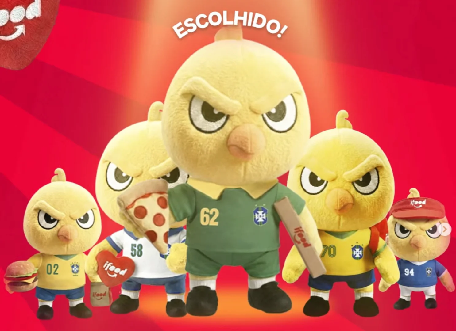Canarinhos de pelúcia do iFood aparecem em destaque sobre fundo vermelho anunciando escolha dos personagens.