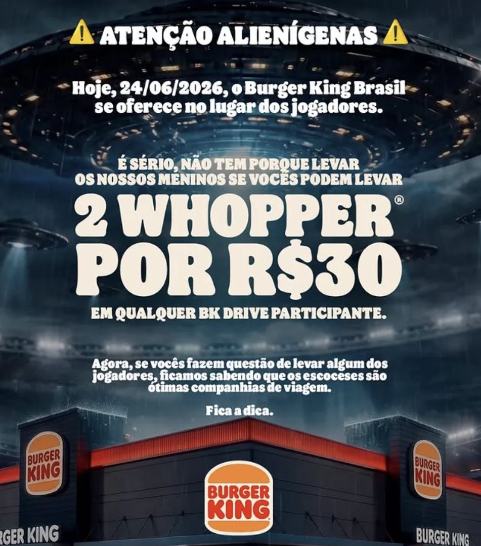 Arte do Burger King com nave alienígena e chamada para 2 Whopper por R$ 30 em BK Drive participante.