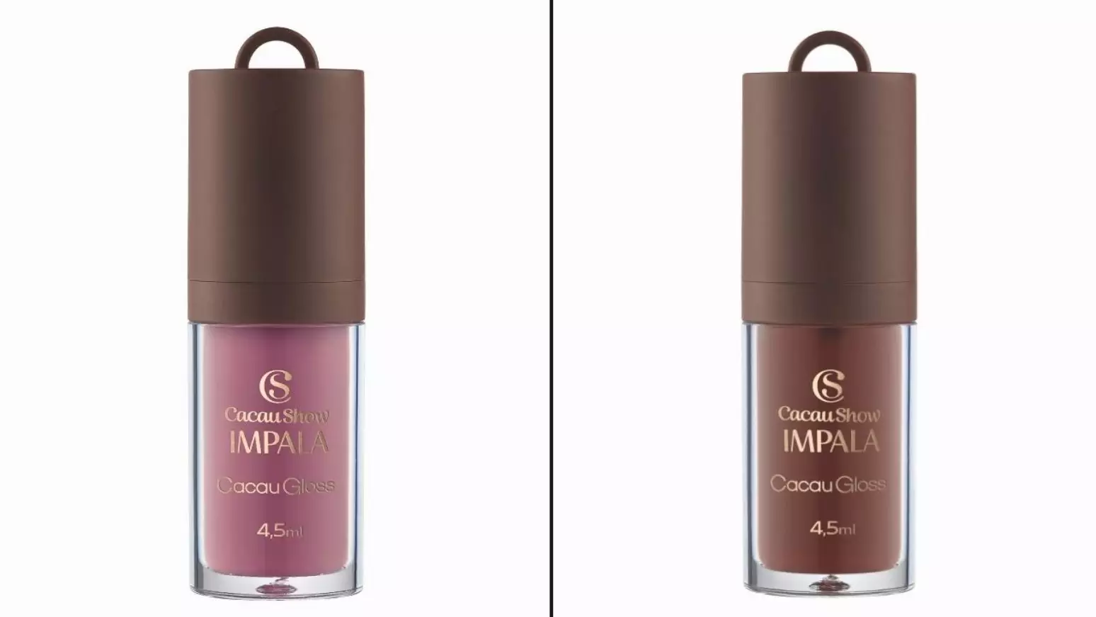 Gloss labial Cacau Gloss da parceria entre Impala e Cacau Show nas cores rosa queimado e marrom.