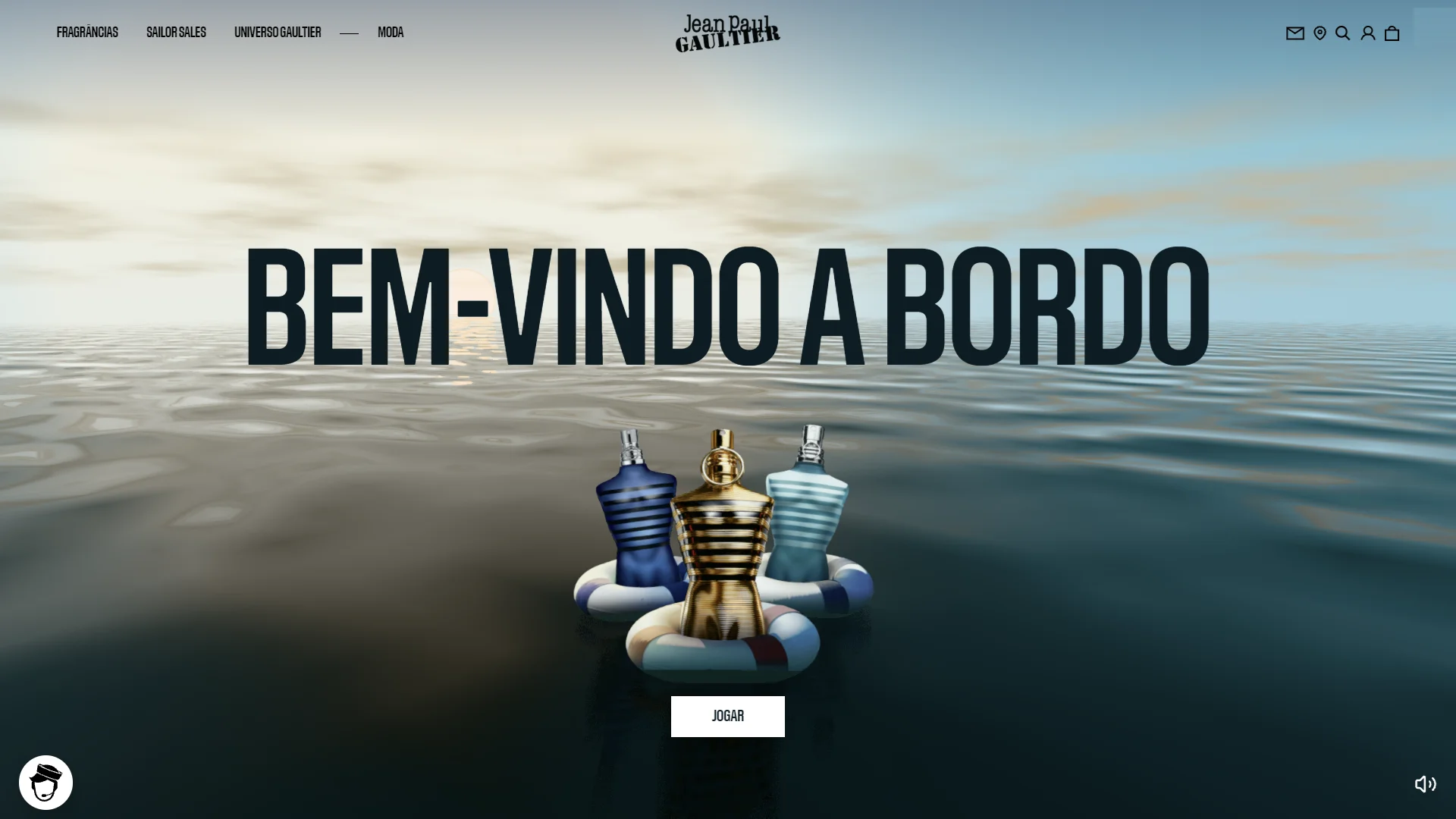 Tela inicial do jogo online da Jean Paul Gaultier com perfumes flutuando no mar.