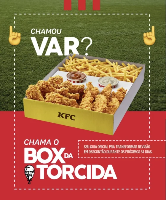 Arte promocional do KFC com box de frango frito e mensagem inspirada no VAR durante jogos da Copa.