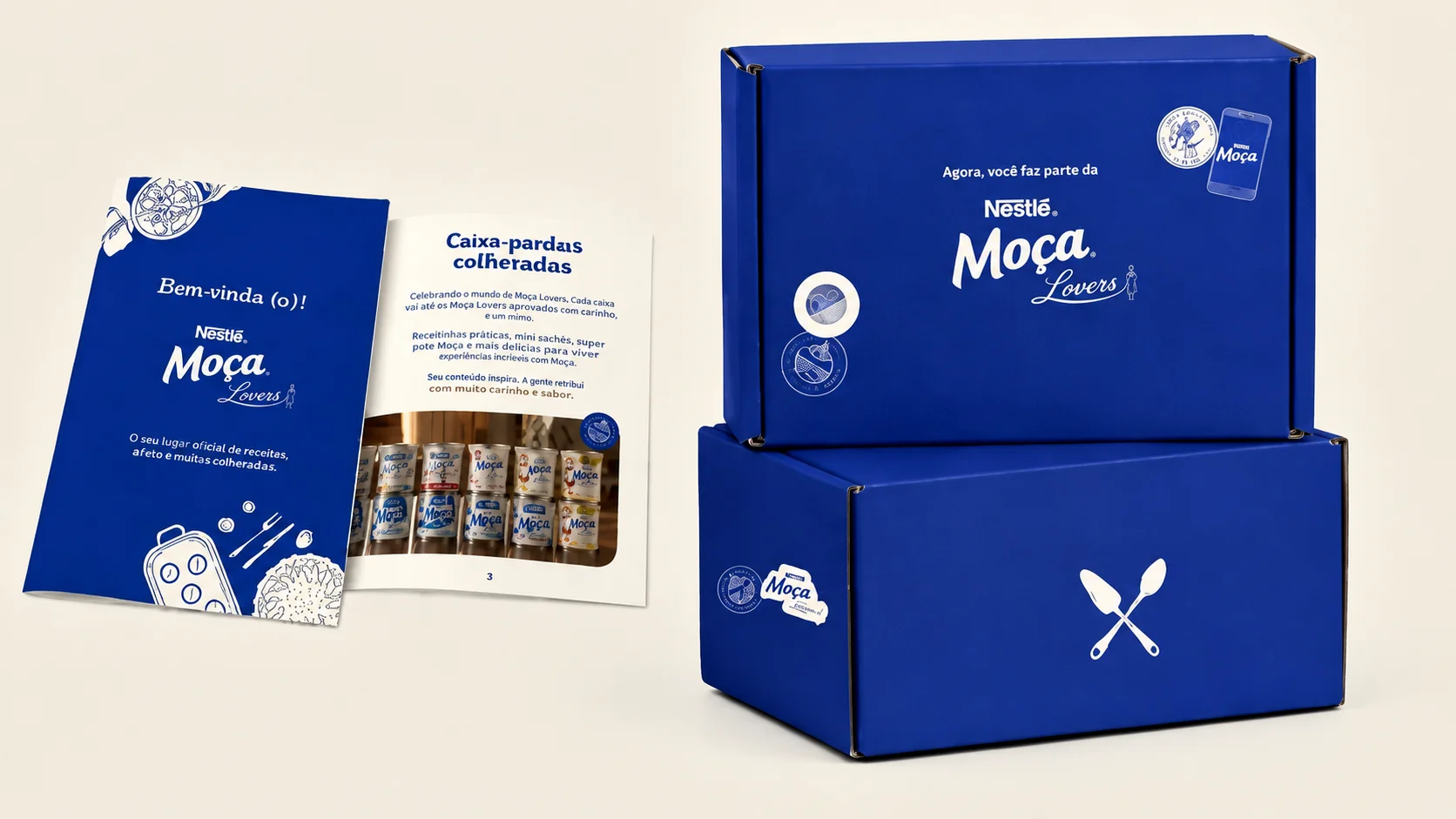 Kit de boas-vindas enviado para participantes aprovados da comunidade Moça Lovers, com caixas personalizadas e materiais da Nestlé.