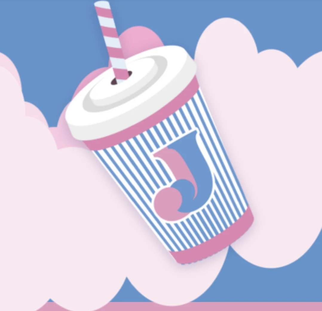 Ilustração de copo de milkshake da Johnny Joy com fundo azul e nuvens rosas.