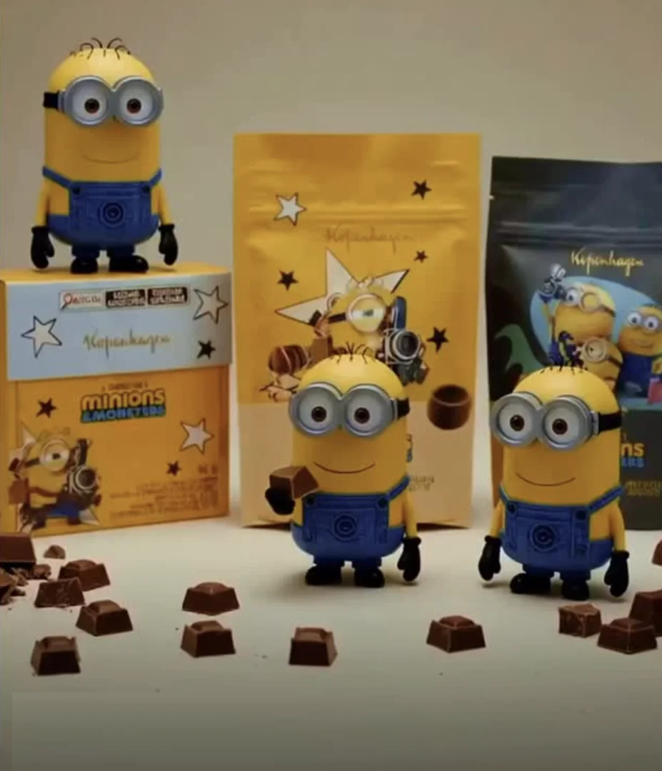 Bonecos dos Minions ao lado de chocolates temáticos da Kopenhagen sobre mesa com pedaços de chocolate espalhados.