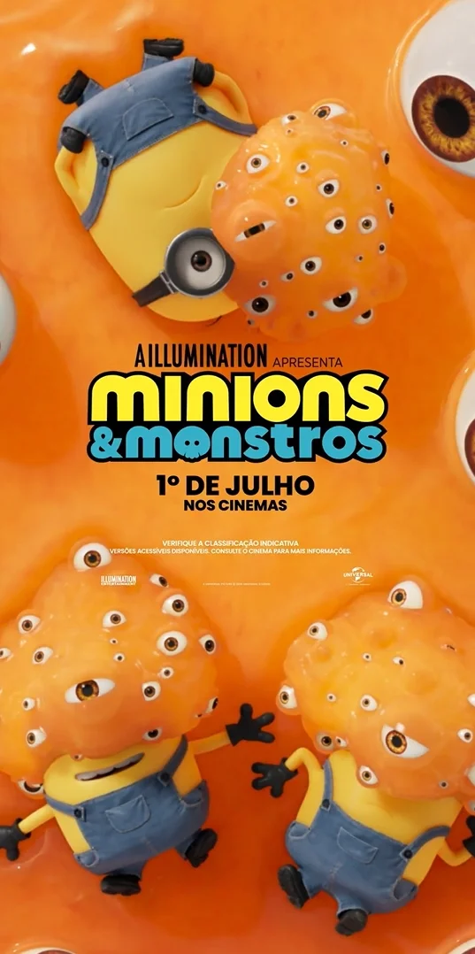 Pôster de “Minions & Monstros” mostra Minions cobertos por criaturas laranjas cheias de olhos em fundo laranja vibrante.