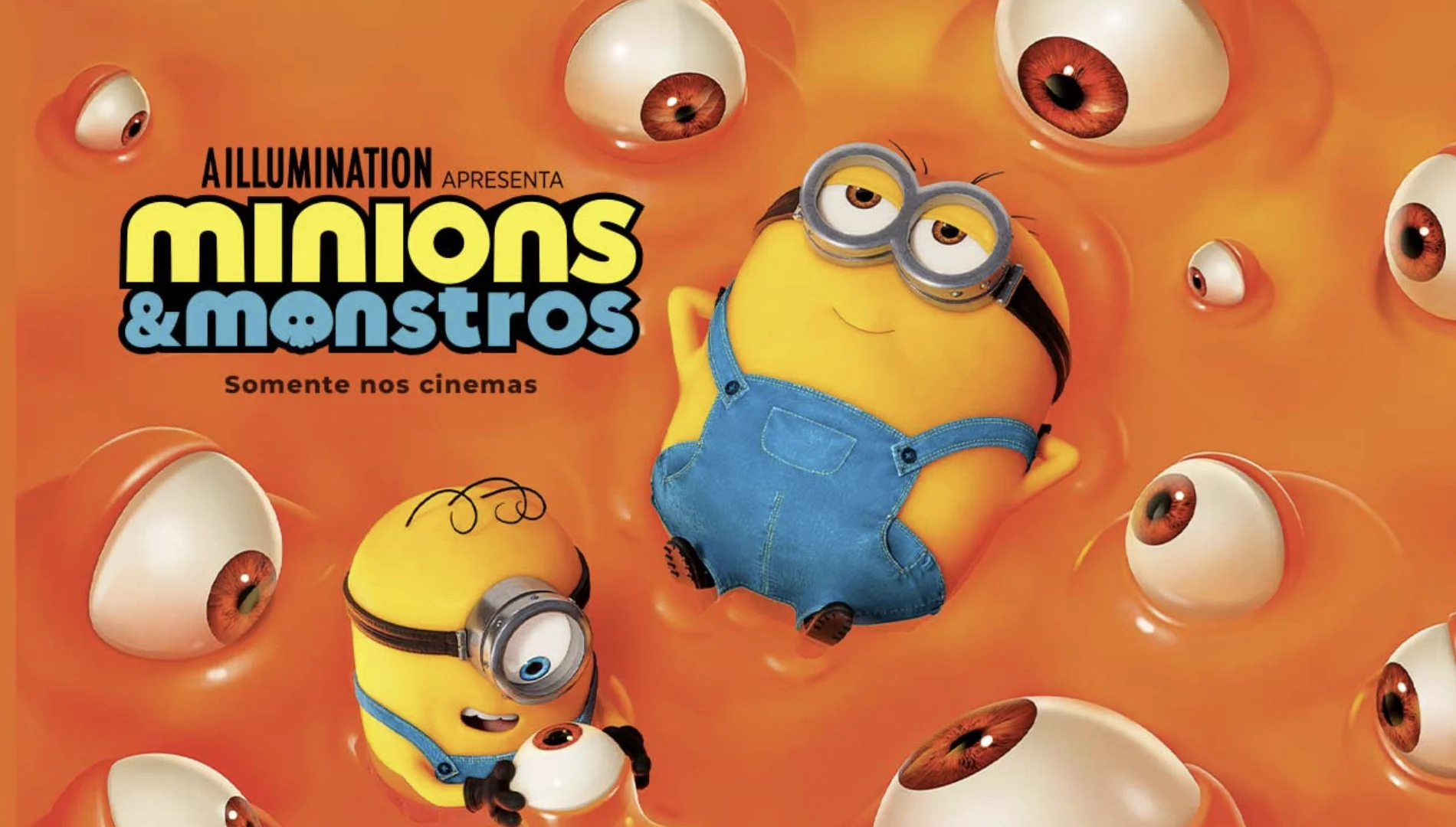 Pôster oficial de Minions & Monstros com personagens amarelos em fundo laranja.