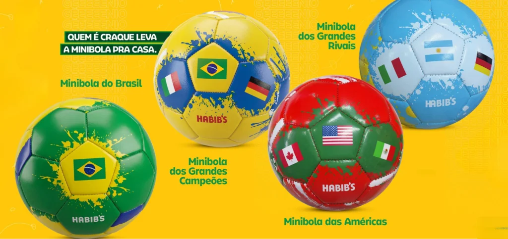 Quatro minibolas de futebol colecionáveis do Habib's organizadas sobre um fundo amarelo. Cada bola representa uma categoria: Minibola do Brasil, dos Grandes Campeões, das Américas e dos Grandes Rivais.
