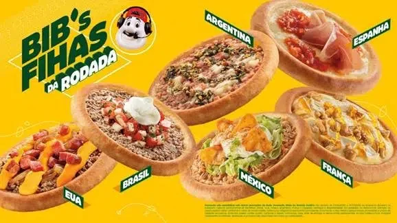 Banner promocional amarelo apresentando seis novos sabores de Bib'sfihas temáticas de diferentes países: EUA, Brasil, México, Argentina, Espanha e França. Texto em destaque: "Bib'sfihas da Rodada".