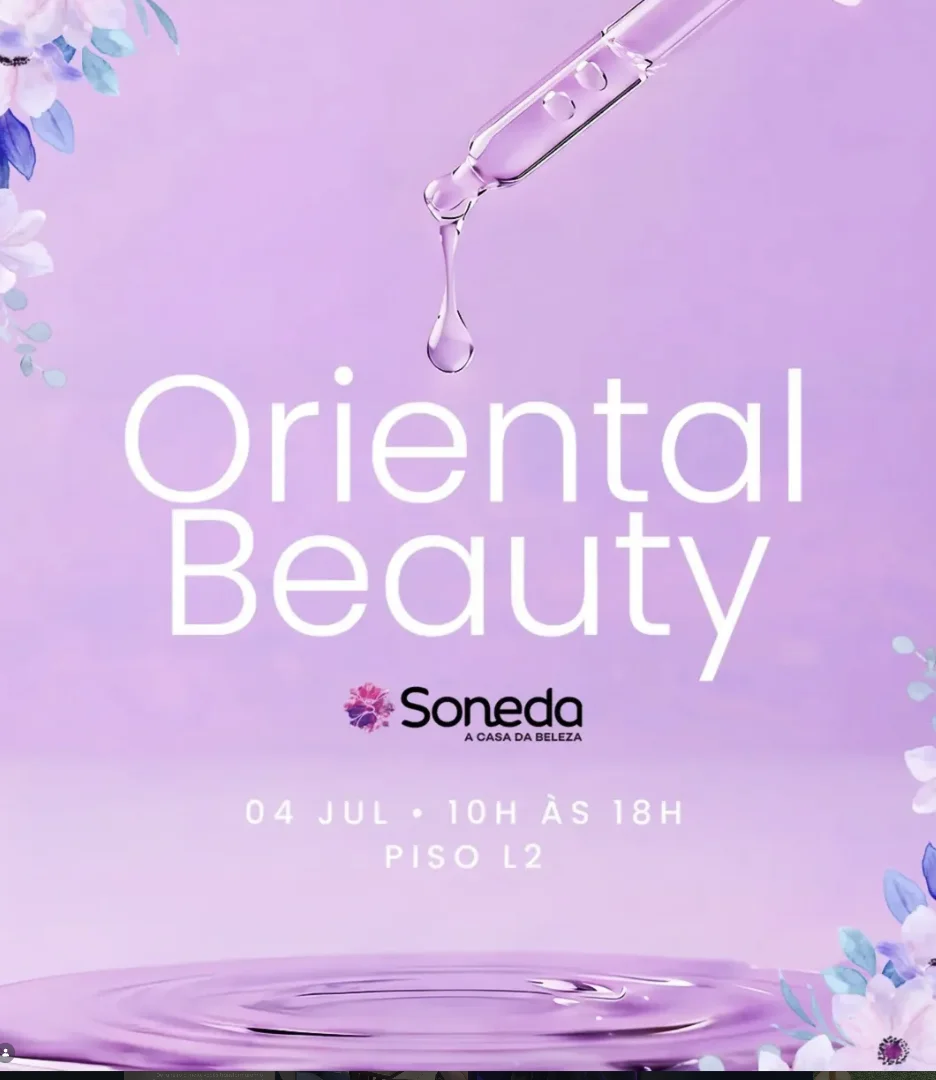 Banner do evento Oriental Beauty da Soneda com fundo lilás, conta-gotas de skincare e informações sobre ação de beleza asiática no Golden Square Shopping.