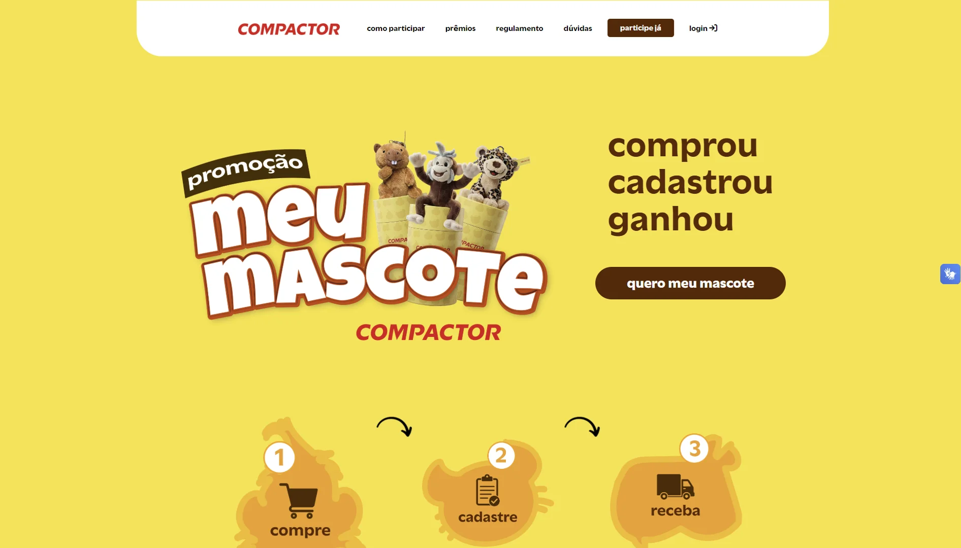 Página da promoção Meu Mascote da Compactor com chamada “comprou, cadastrou, ganhou” e instruções para participar.